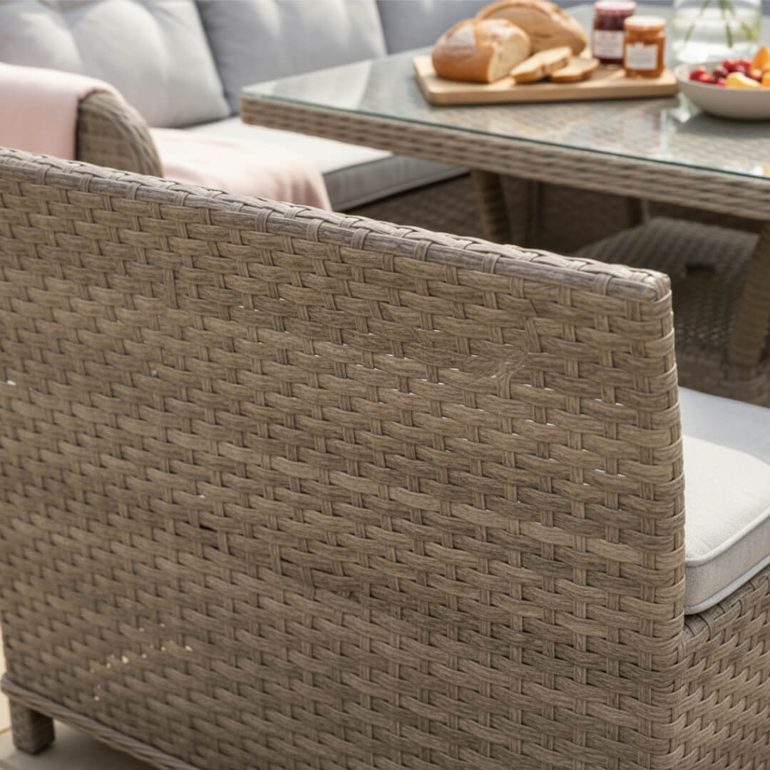 Varoon Curve Corner Sofa Set with 2 High Back Benches & Standard Dining Table
