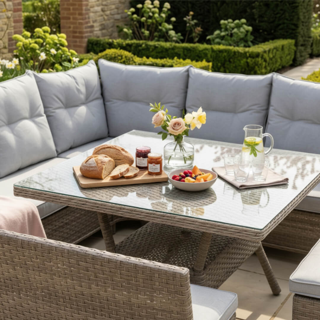 Varoon Curve Corner Sofa Set with 2 High Back Benches & Standard Dining Table