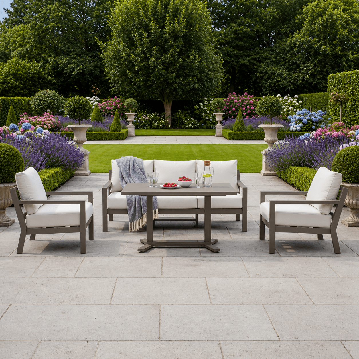 Langous 3-Seater Sofa Set with 2 Armchairs & Piston Height Adjustable Table