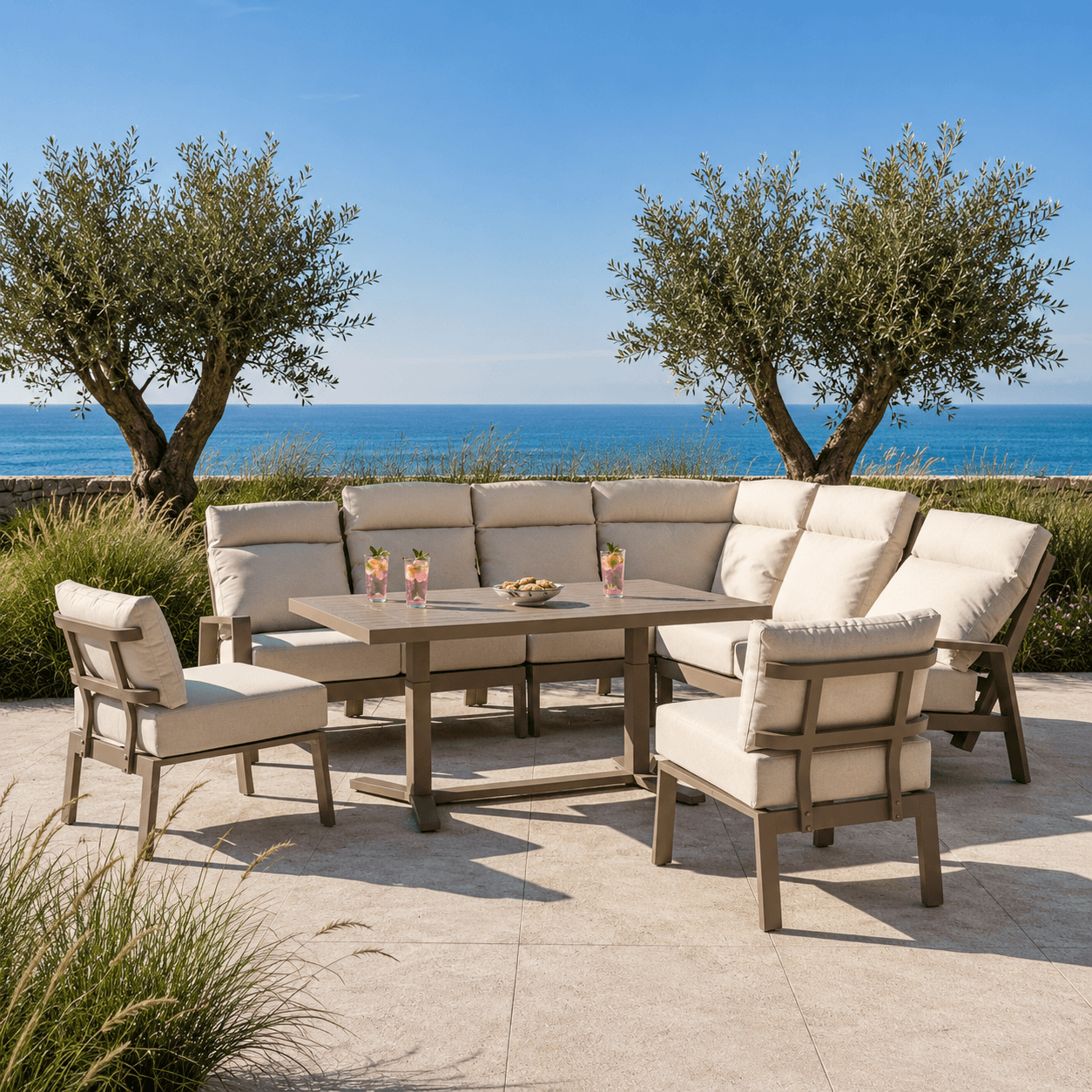 Lomar Reclining L Corner Sofa Set with 2 Stools & Piston Height Adjustable Table