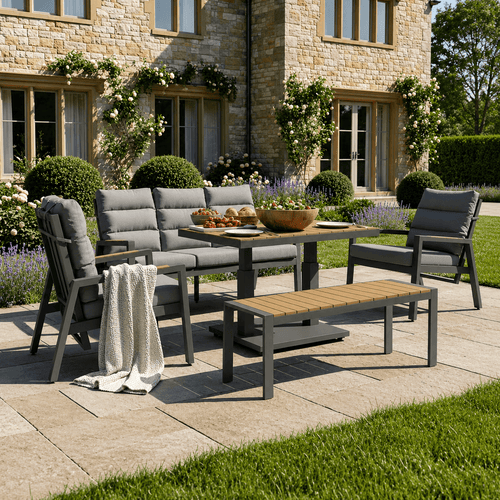Reclining 3-Seater Sofa Set, 2 Reclining Armchairs, 1 Bench & Piston Height Adjustable Table