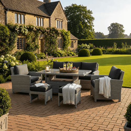 Balma 3-Seater Sofa Set with 2 Armchairs, 2 Stools & Height Adjustable Table