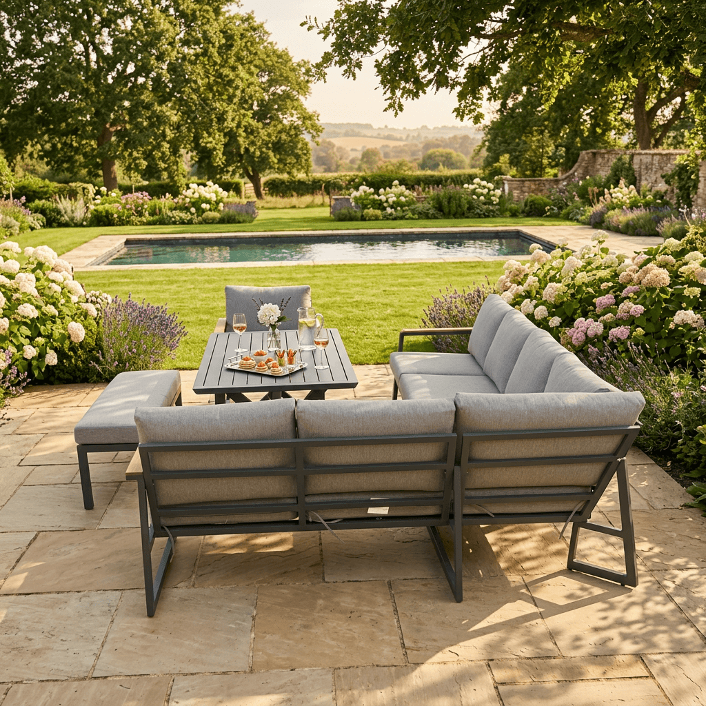 L Corner Sofa Set with Armchair, Bench & X-leg Dining Table