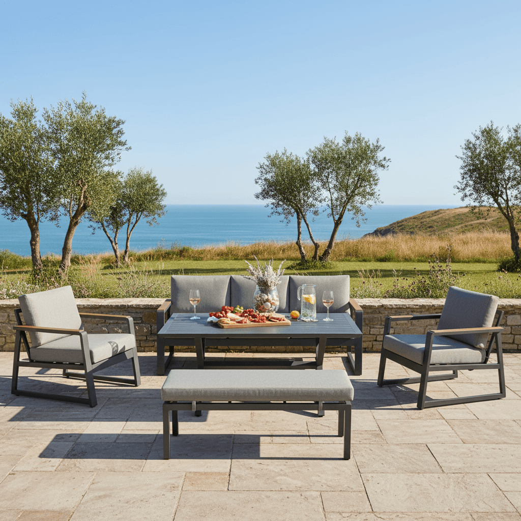 Versice 3-Seater Sofa Set with 2 Armchairs, Bench & X-Leg Dining Table