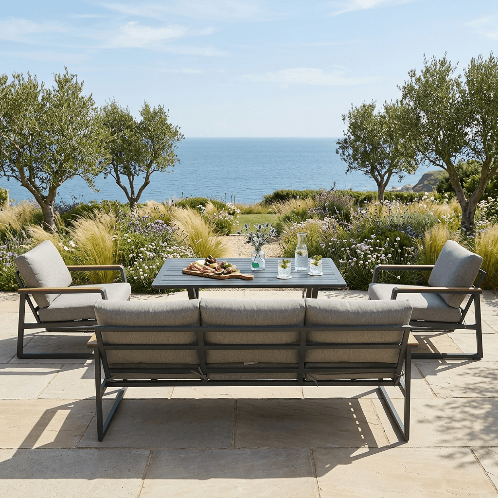 Versice 3-Seater Sofa Set with 2 Armchairs, Bench & X-Leg Dining Table