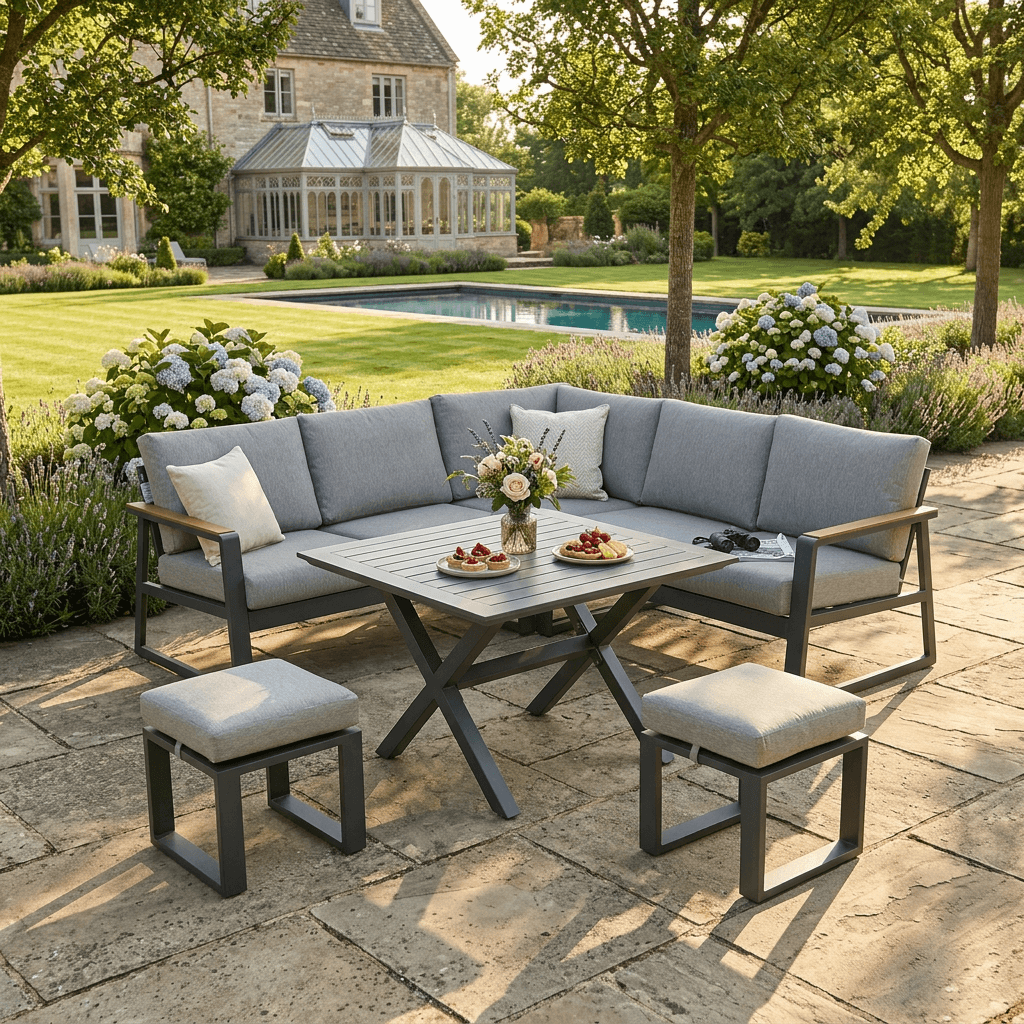 Versice Square Corner Set with 2 Stools & X-leg Dining Table