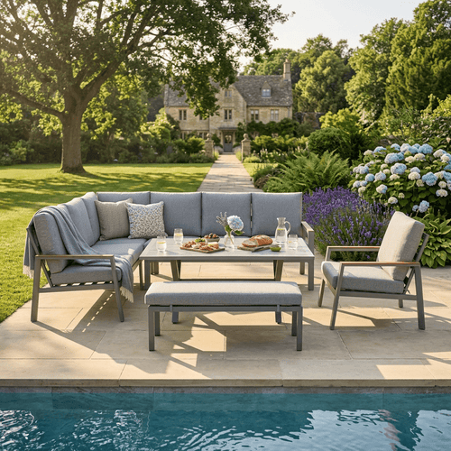 Marell L Corner Sofa Set with Bench & X-leg Dining Table