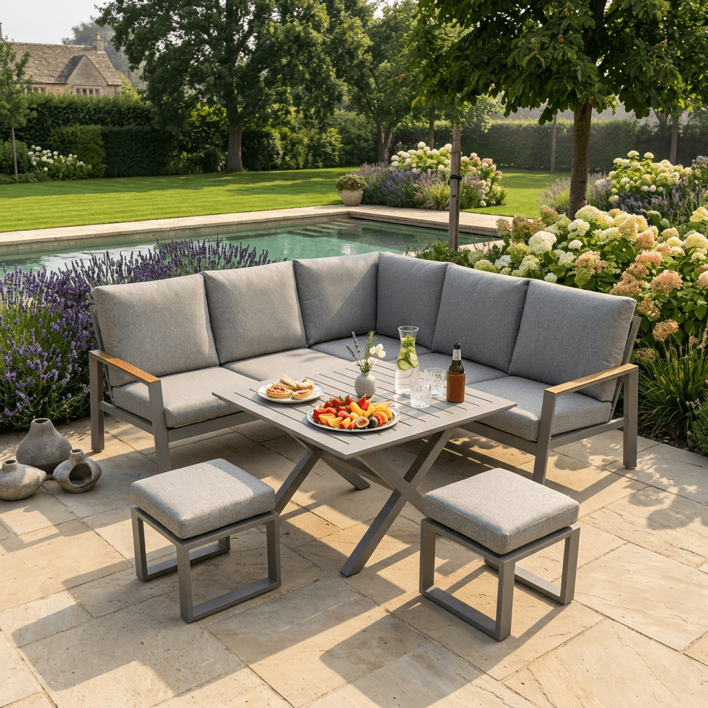 Marell Square Corner Set with 2 Stools & X-leg Dining Table