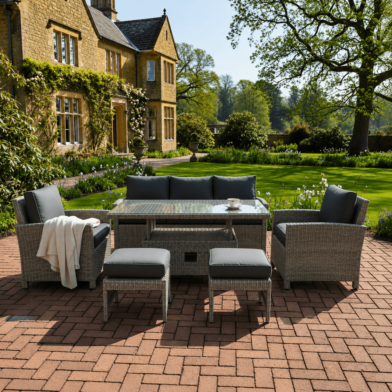 Balma 3-Seater Sofa Set with 2 Armchairs, 2 Stools & Height Adjustable Table