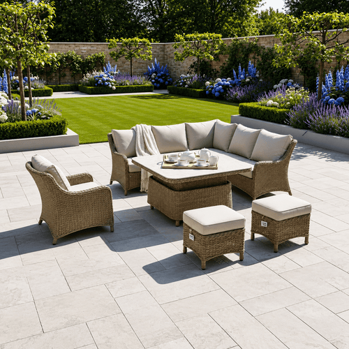 Larca Curve Corner Sofa Set with 2 Stools, Piston Height Adjustable Table