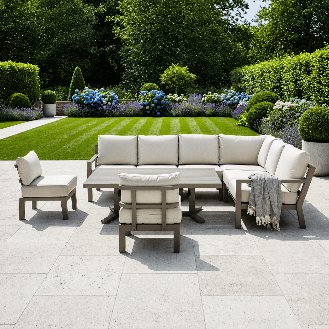 Langous L Corner Sofa Set with 2 Stools, Piston Height Adjustable Table