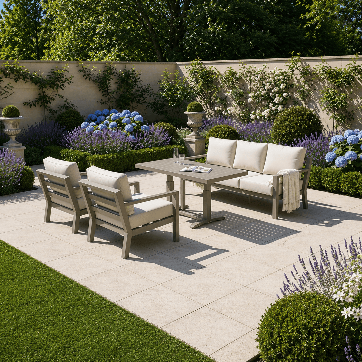 Langous 3-Seater Sofa Set with 2 Armchairs & Piston Height Adjustable Table