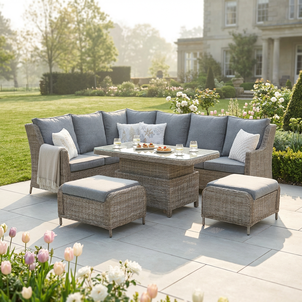 Trueas L Corner Sofa Set with 2 Stools & Height Adjustable Table