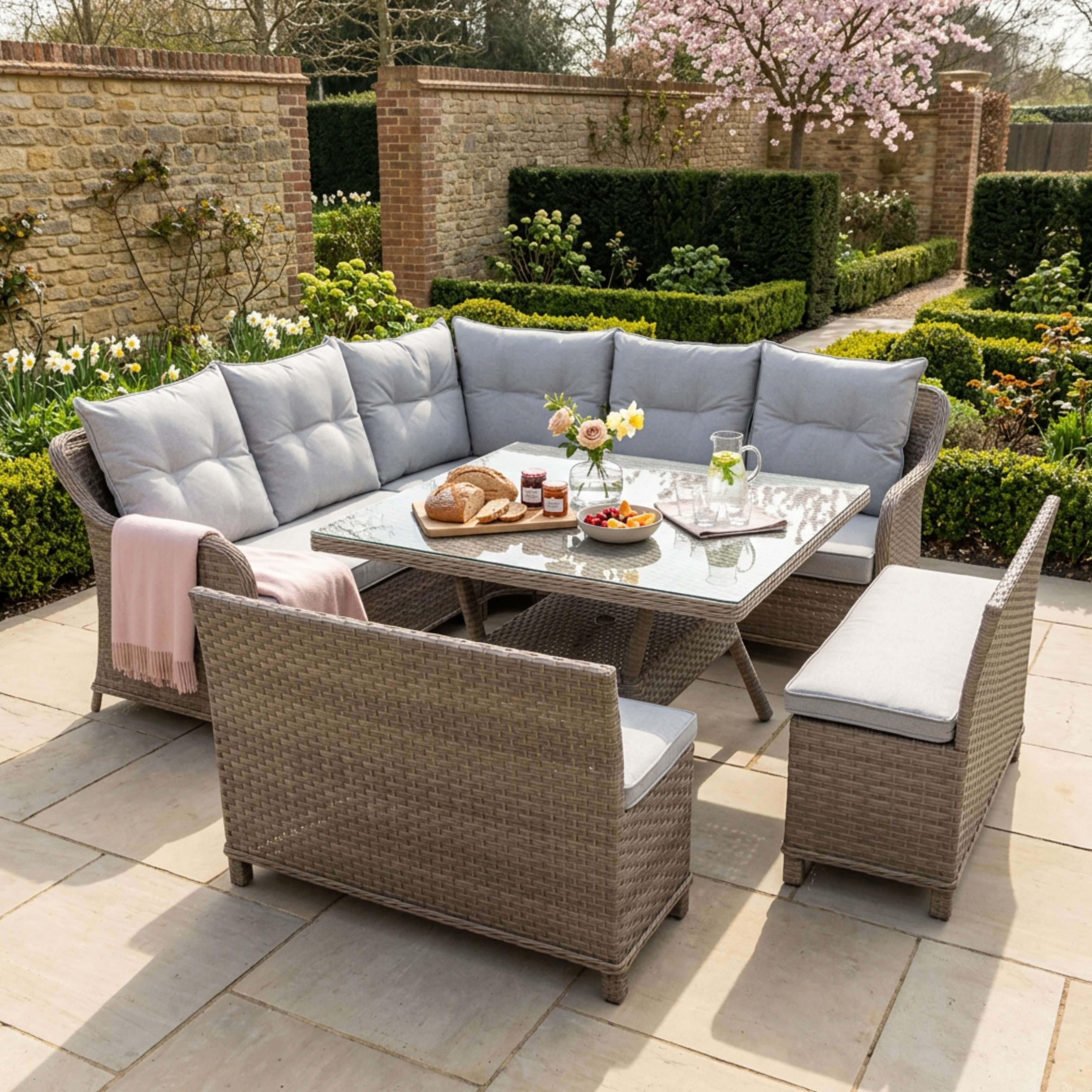 Varoon Curve Corner Sofa Set with 2 High Back Benches & Standard Dining Table