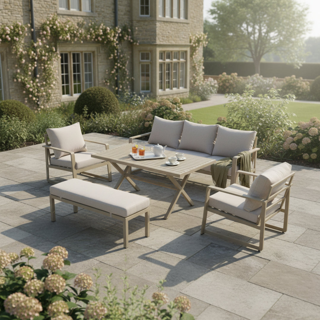 3-Seater Sofa Set with 2 Armchairs, Bench & X-Leg Dining Table