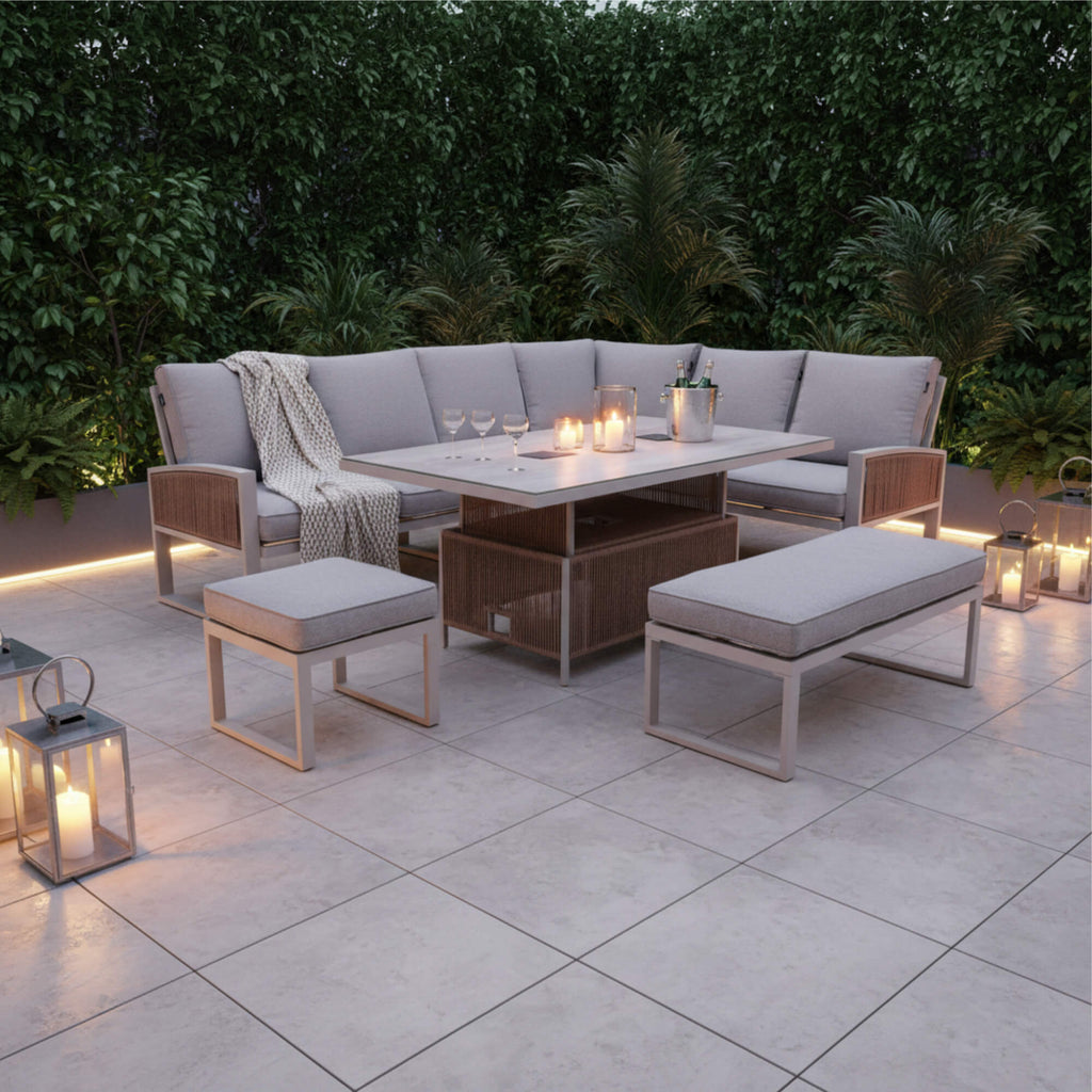 Oakfield L Corner Sofa Set with Bench, Stool & Height Adjustable Table