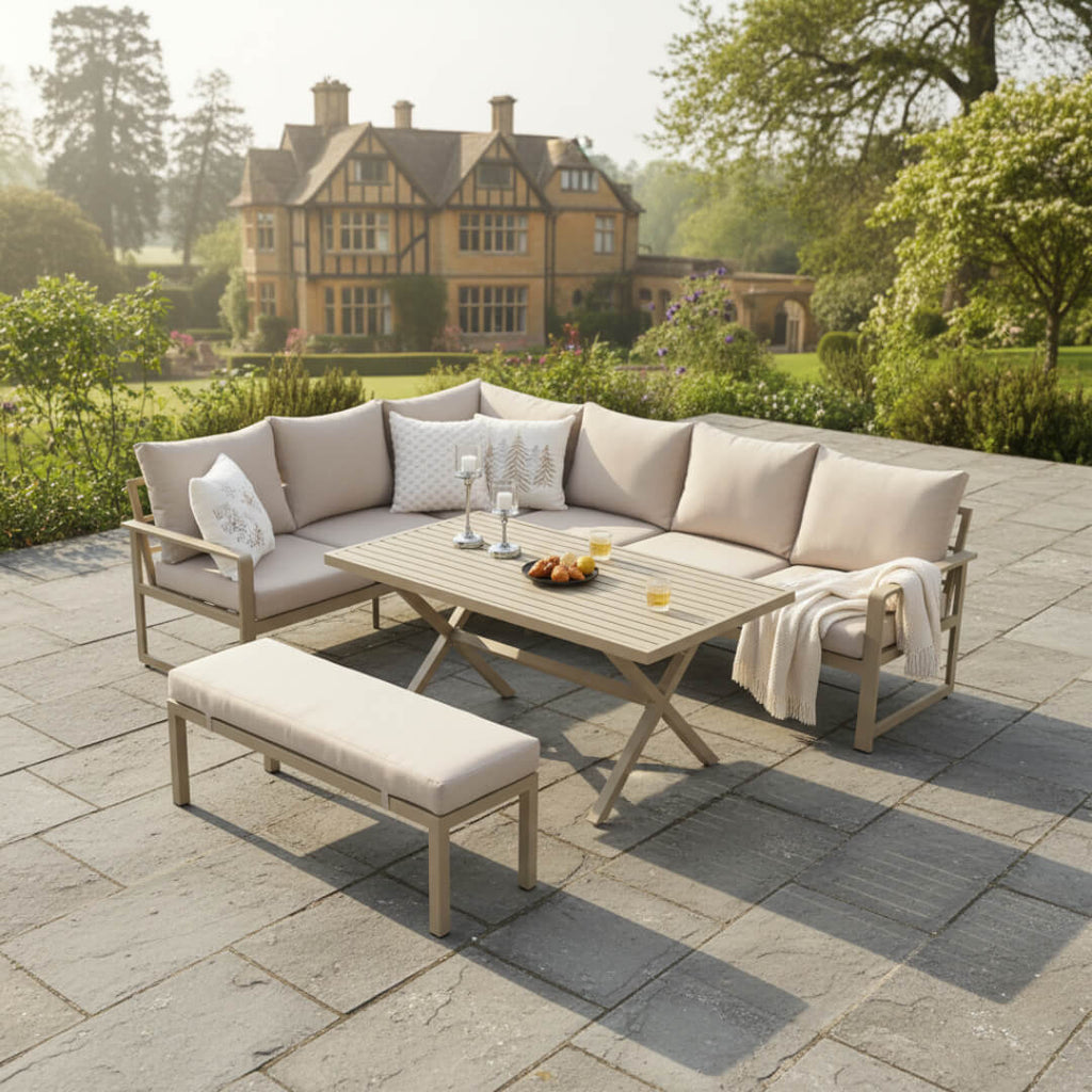 Tooran L Corner Sofa Set with Bench, X-leg Dining Table