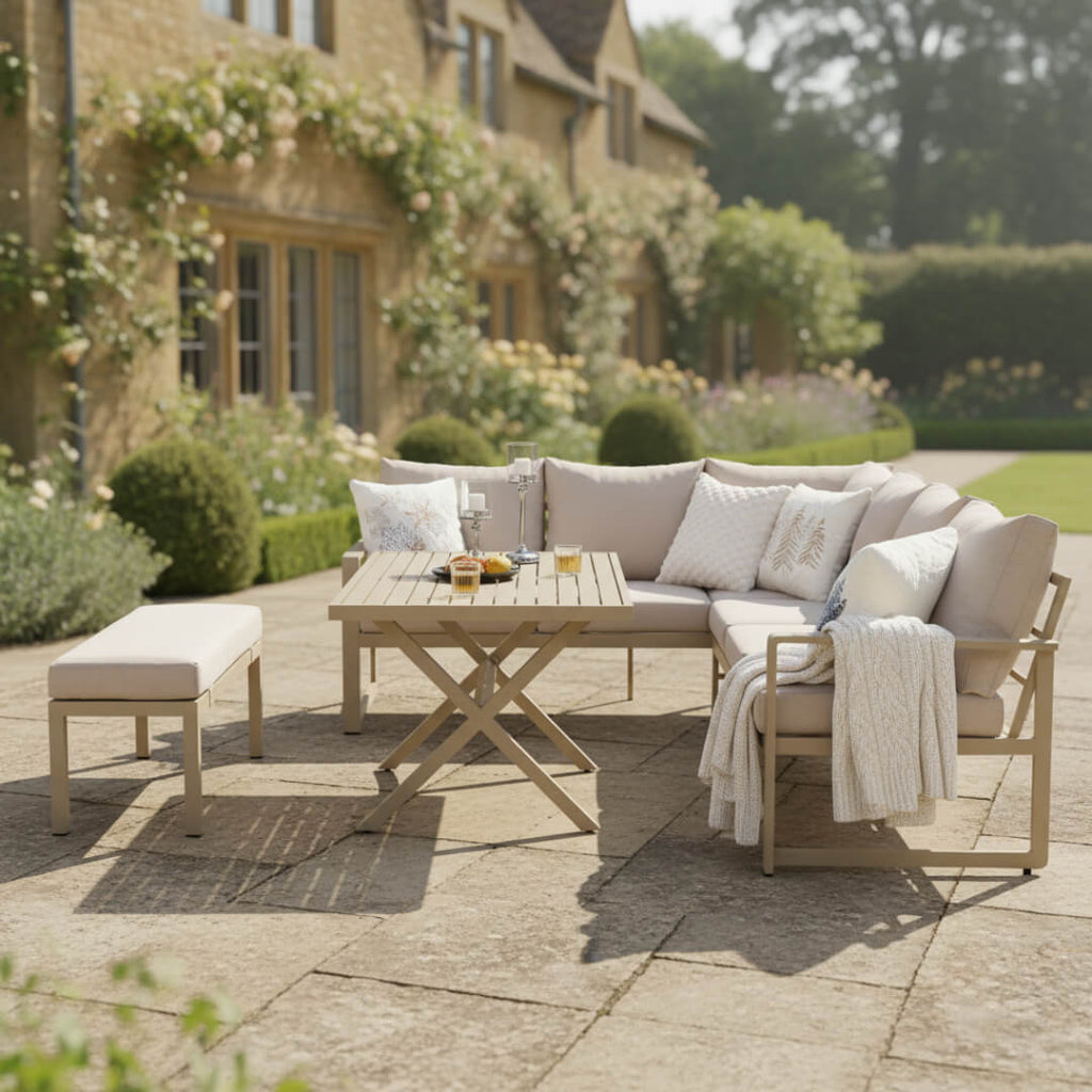 Tooran L Corner Sofa Set with Bench, X-leg Dining Table