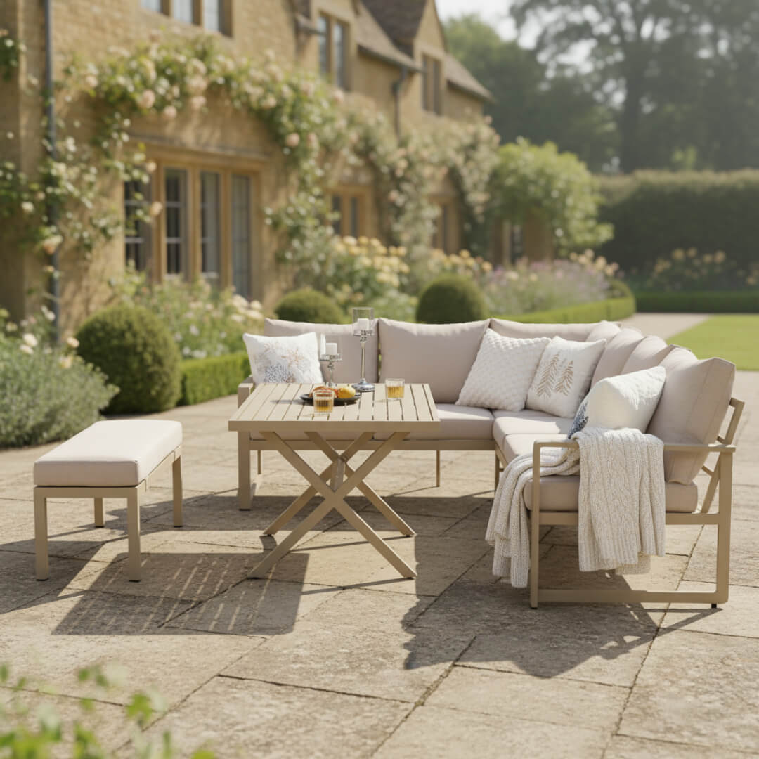 Tooran L Corner Sofa Set with Bench, X-leg Dining Table