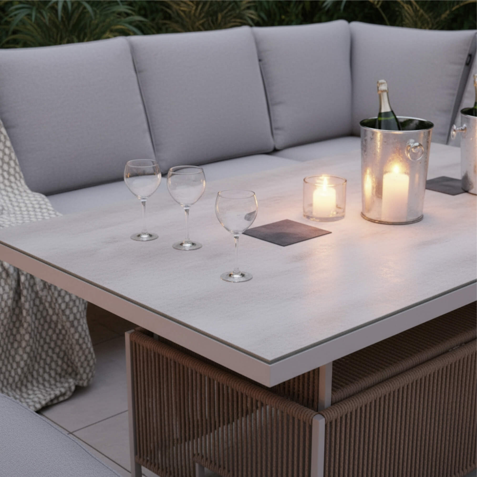 Oakfield L Corner Sofa Set with Bench, Stool & Height Adjustable Table